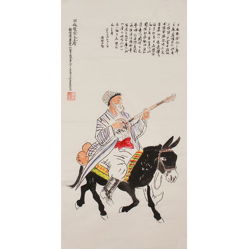 Hand-painted Chinese ink figure painting of musician riding donkey, Huang Zhou inspired art