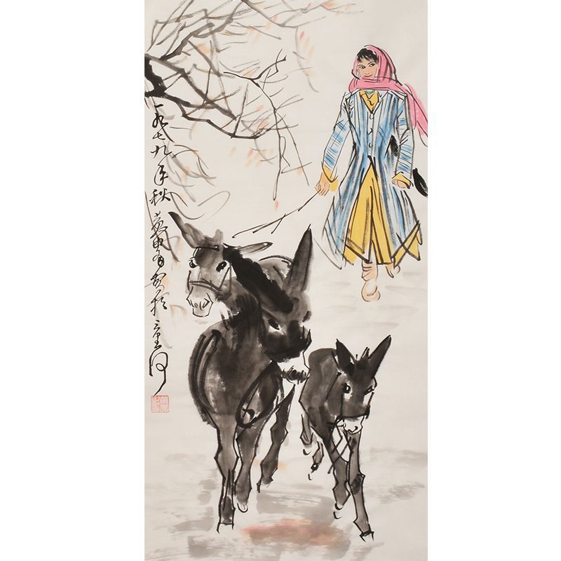 Hand-painted Chinese ink figure painting with woman and donkeys, Huang Zhou inspired art