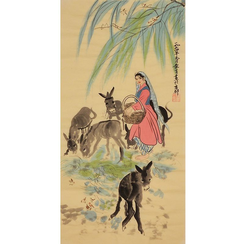 Hand-painted Chinese ink figure painting with woman and herd of donkeys, Huang Zhou inspired art