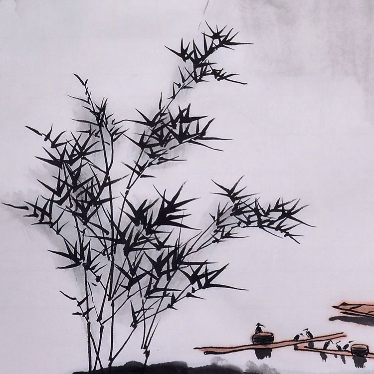 Close-up of hand-painted bamboo and fisherman detail in traditional Chinese ink landscape