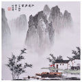 Hand-painted Chinese ink landscape painting with misty mountains, bamboo, riverside village and fishing boats