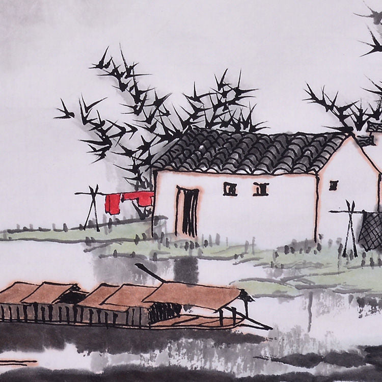 Close-up of traditional Chinese ink landscape showing riverside white houses, bamboo and boats
