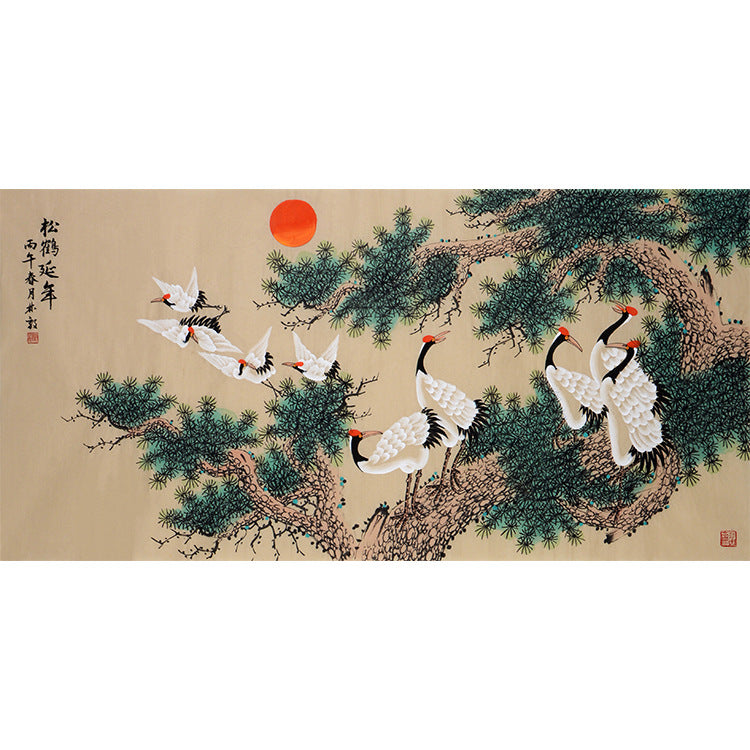 Hand-painted Chinese Pine and Crane Longevity painting with eight cranes, red sun and arching ancient pine, Song He Yan Nian 松鶴延年, 138 x 68 cm artwork core