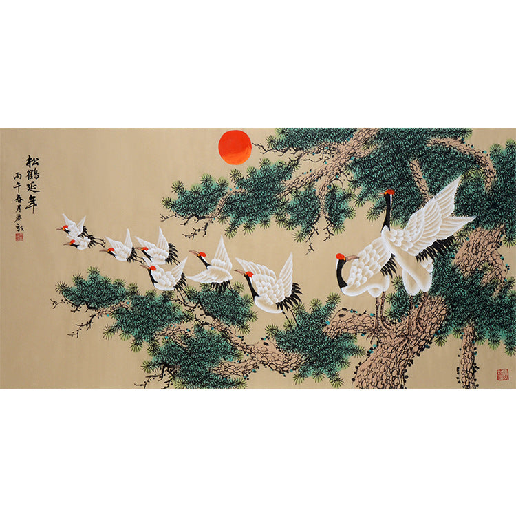 Hand-painted Chinese Pine and Crane Longevity painting with a flock of cranes flying toward ancient pine beneath a red sun, 松鶴延年, 138 x 68 cm artwork core