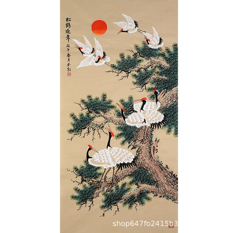 Vertical hand-painted Chinese Pine and Crane Longevity painting with four flying cranes, four resting cranes, red sun and old pine, 松鶴延年, 138 x 68 cm artwork core
