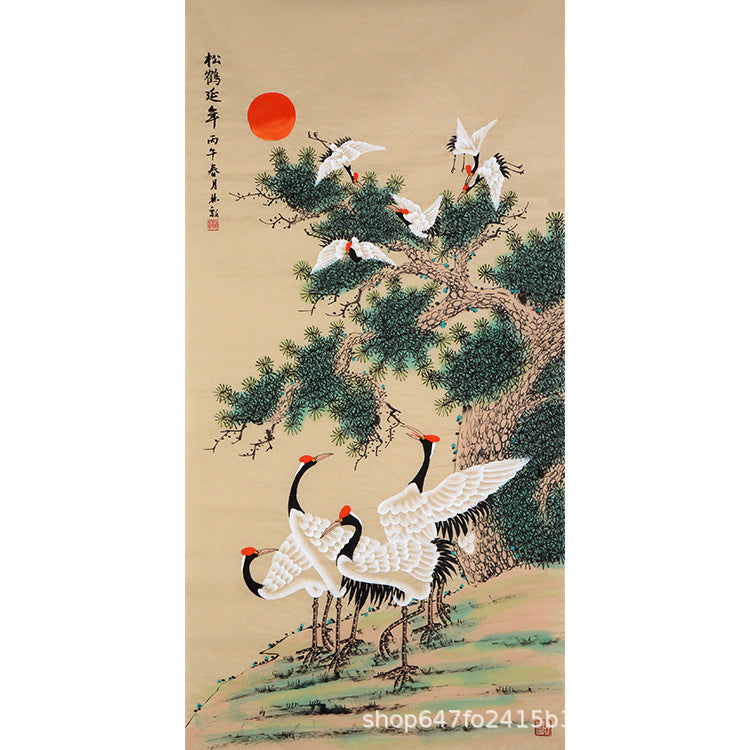 Vertical hand-painted Chinese Pine and Crane Longevity painting with four standing cranes, flying flock, red sun and pine, 松鶴延年, 138 x 68 cm artwork core
