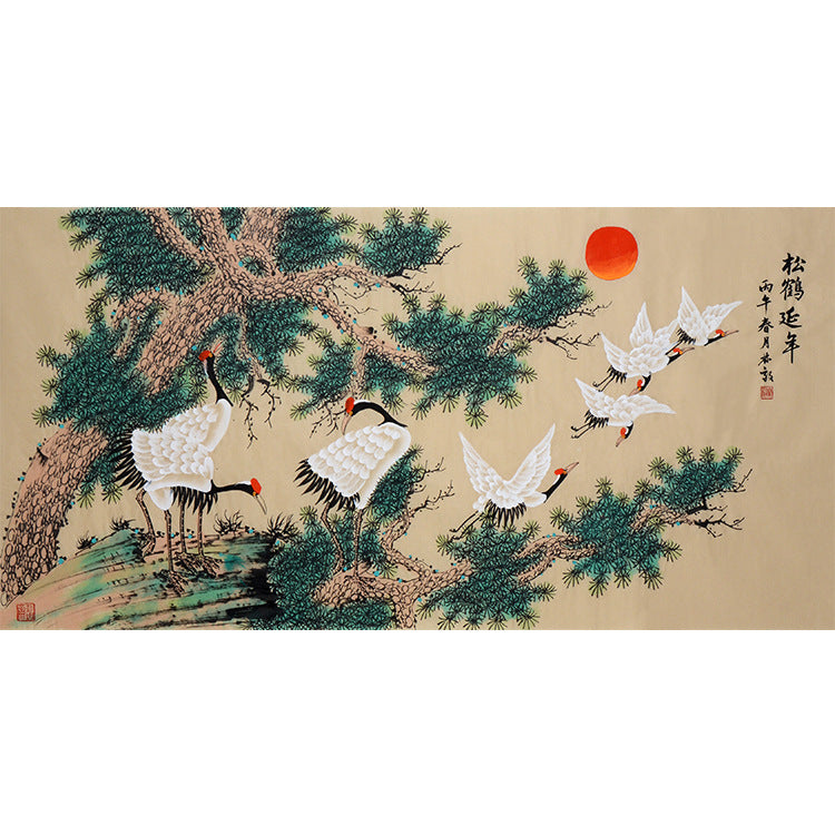 Hand-painted Chinese Pine and Crane Longevity painting with twin cranes on green rock, four flying cranes, red sun and pine, 松鶴延年, 138 x 68 cm artwork core