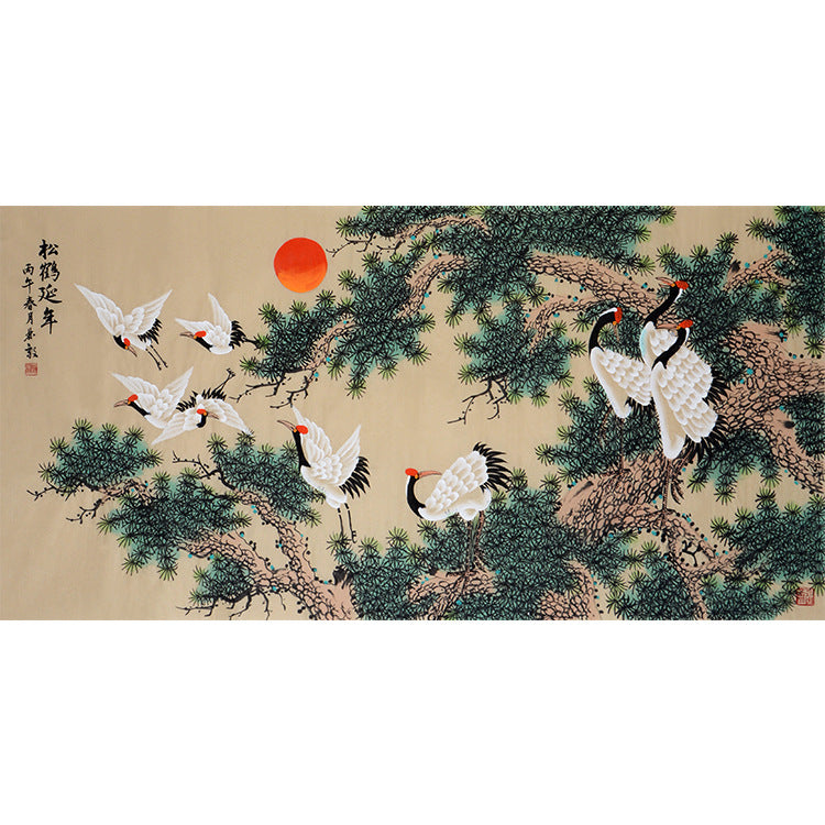 Hand-painted Chinese Pine and Crane Longevity painting with red sun, pine canopy and gathering cranes, Song He Yan Nian 松鶴延年, 138 x 68 cm artwork core