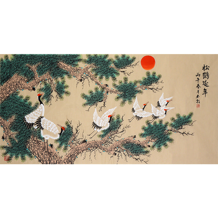 Hand-painted Chinese Pine and Crane Longevity painting with red sun, ancient pine and six cranes, Song He Yan Nian 松鶴延年, 138 x 68 cm artwork core