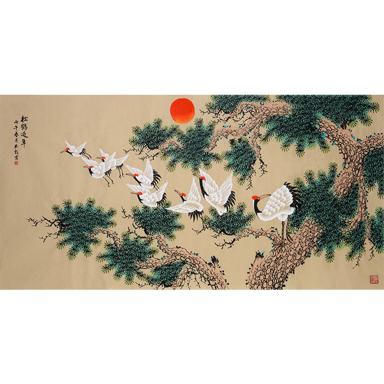 Hand-painted Chinese Pine and Crane Longevity painting with seven cranes crossing beneath red sun and ancient pine, Song He Yan Nian 松鶴延年, 138 x 68 cm artwork core