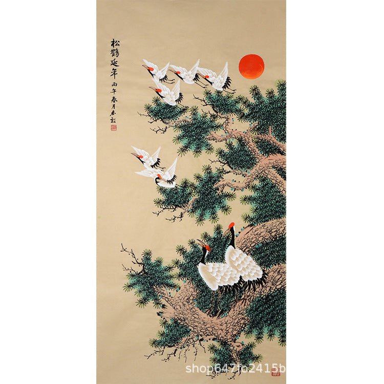 Vertical hand-painted Chinese Pine and Crane Longevity painting with six flying cranes, a standing pair, red sun and pine, 松鶴延年, 138 x 68 cm artwork core