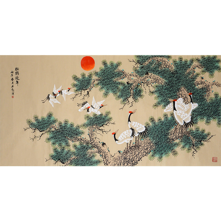 Hand-painted Chinese Pine and Crane Longevity painting with three standing cranes, four flying cranes, red sun and ancient pine, 松鶴延年, 138 x 68 cm artwork core