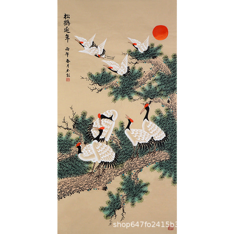 Vertical hand-painted Chinese Pine and Crane Longevity painting with red sun, ancient pine, flying and resting cranes, 松鶴延年, 138 x 68 cm artwork core