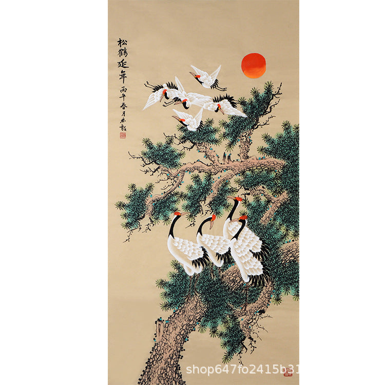 Vertical hand-painted Chinese Pine and Crane Longevity painting with ancient pine, red sun, flying cranes and three resting cranes, 松鶴延年, 138 x 68 cm artwork core