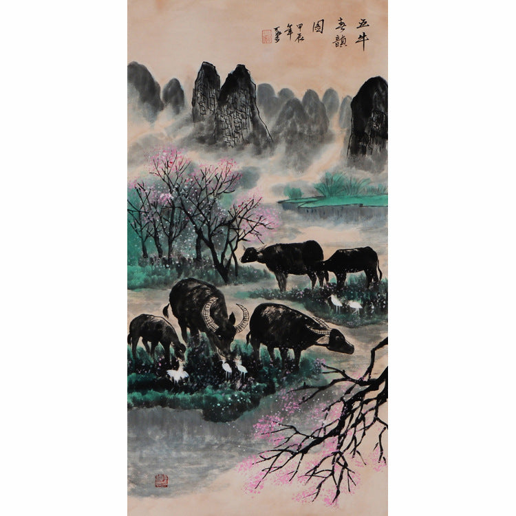 Hand-painted Chinese Five Oxen painting with water buffalo, misty spring mountains, flowering trees and pasture, vertical pastoral art