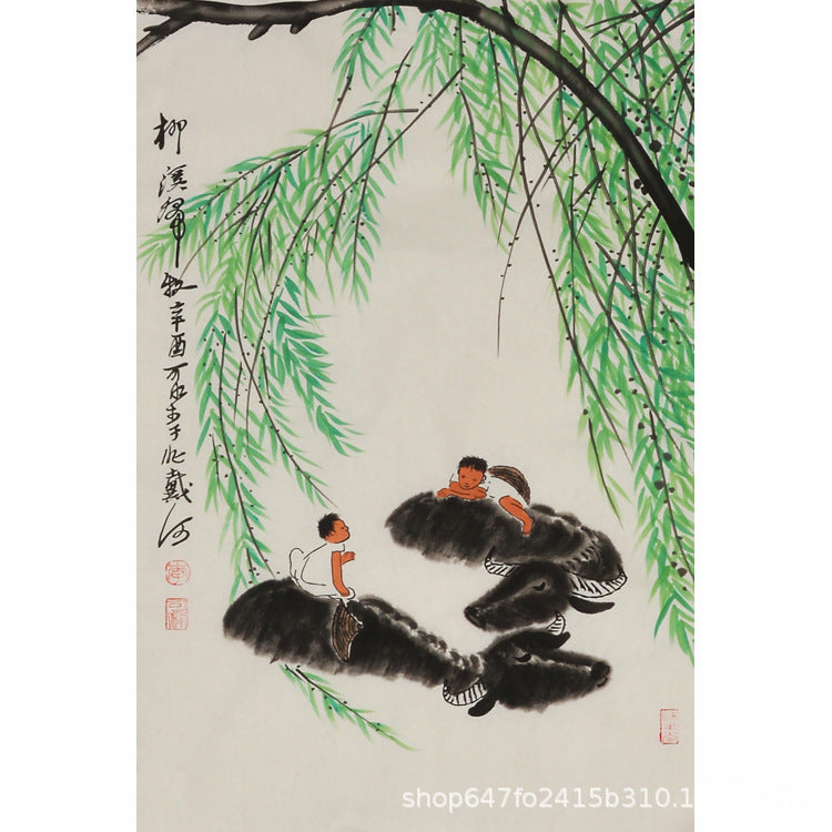 Hand-painted Chinese willow shade pastoral painting with children resting on black water buffalo, traditional ox wall art