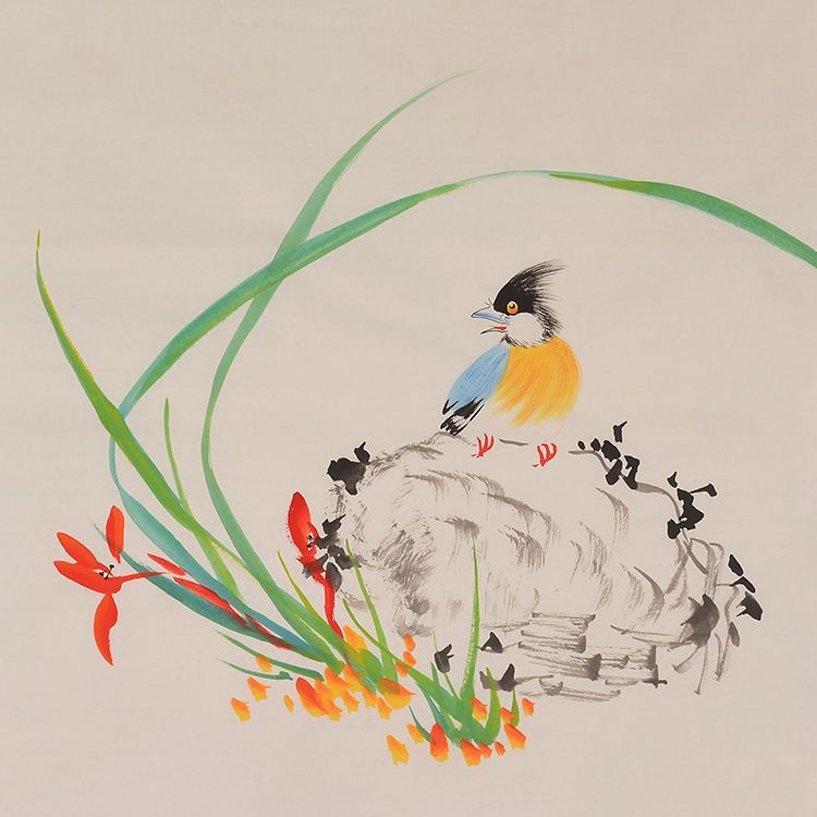 Hand-painted Chinese crested bird on rock and orchid grass painting