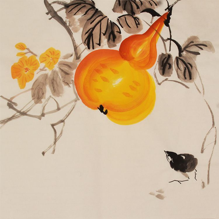 Hand-painted Chinese golden gourd and little chick painting