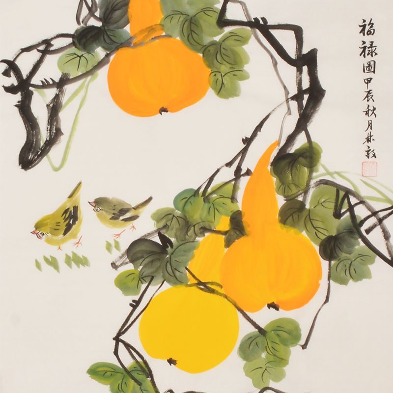 Hand-painted Chinese golden gourds and birds painting