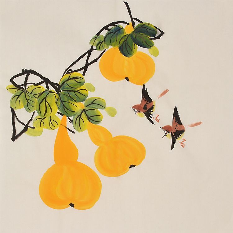 Hand-painted Chinese golden gourds and butterflies painting