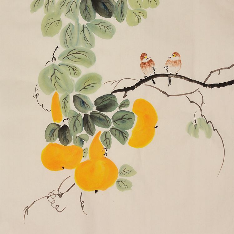 Hand-painted Chinese golden gourds and twin sparrows painting
