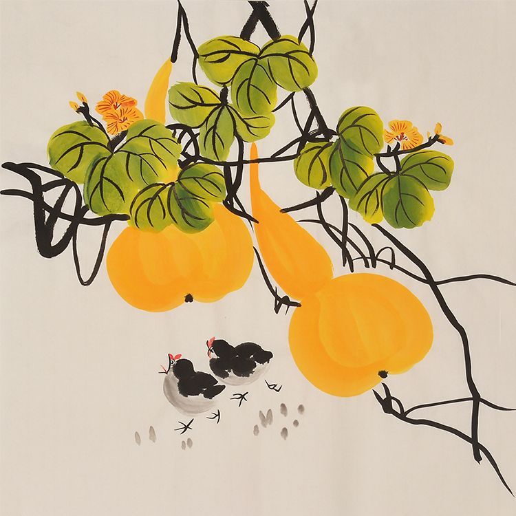 Hand-painted Chinese golden gourds and two chicks painting