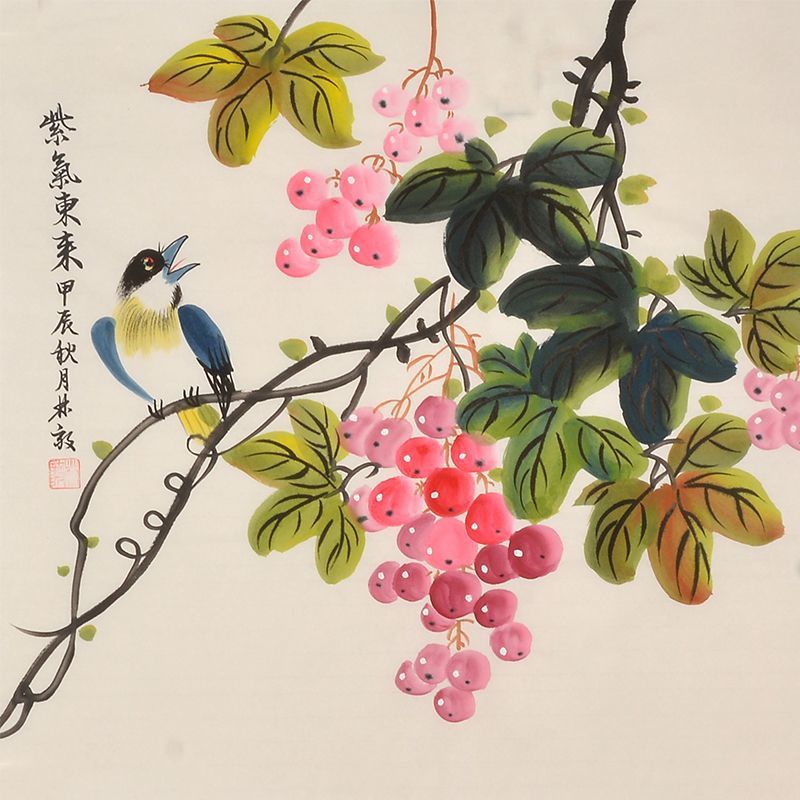 Hand-painted Chinese grapes and songbird painting