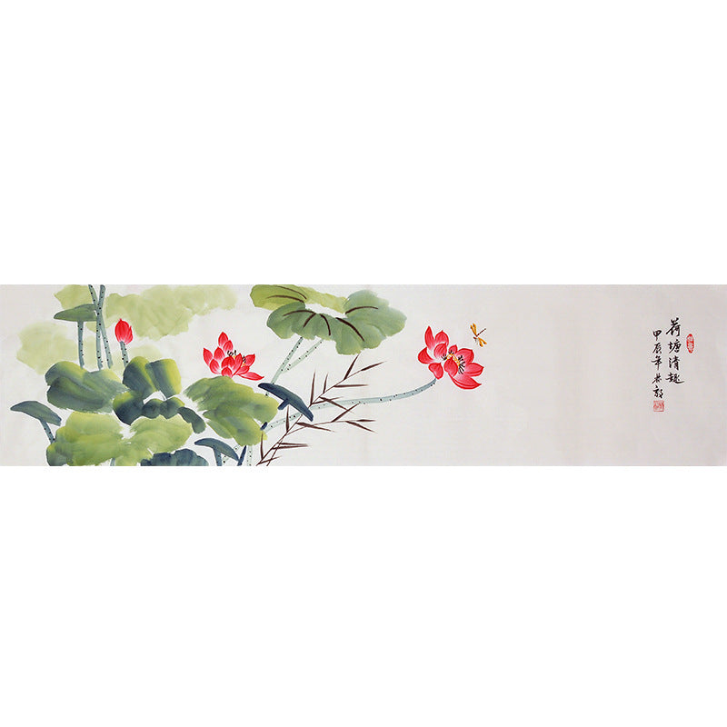 Hand-painted Chinese green lotus leaves and red blossoms, horizontal ink-and-color lotus wall art