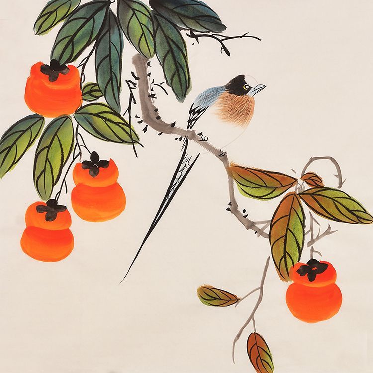 Hand-painted Chinese hanging persimmons and songbird painting