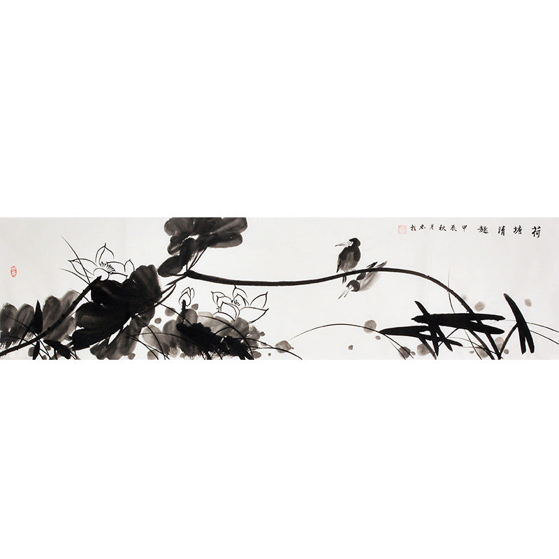 Hand-painted Chinese ink lotus with perching birds, horizontal flower-and-bird xieyi wall art