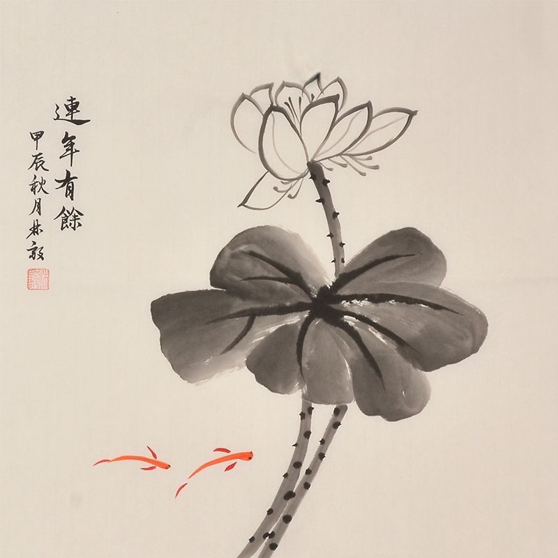 Hand-painted Chinese ink lotus with red accent painting