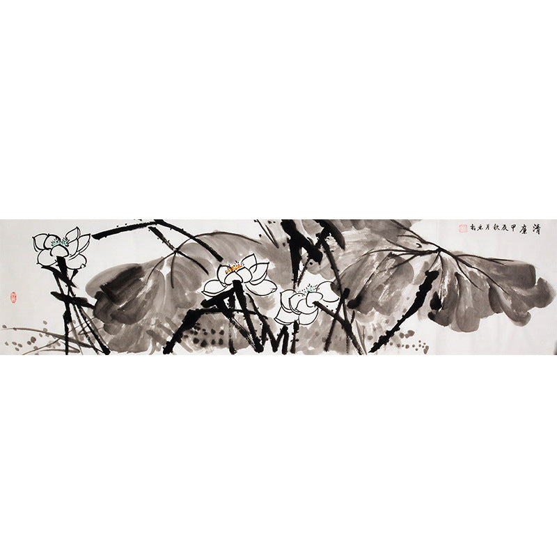 Hand-painted Chinese large ink lotus leaves with white blossoms, horizontal monochrome xieyi wall painting