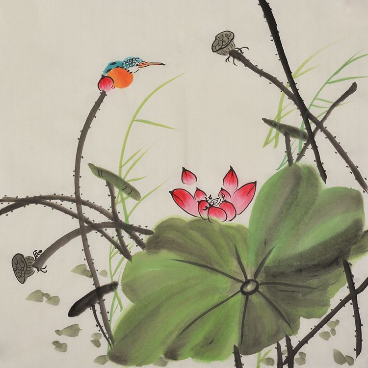 Hand-painted Chinese lotus and kingfisher painting