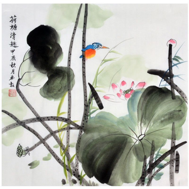 Hand-painted Chinese lotus and kingfisher painting A