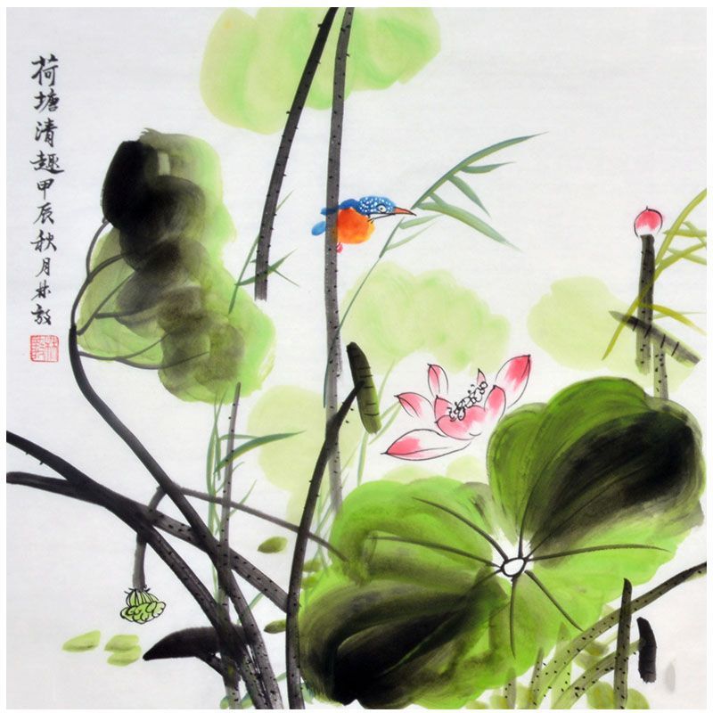 Hand-painted Chinese lotus and kingfisher painting B
