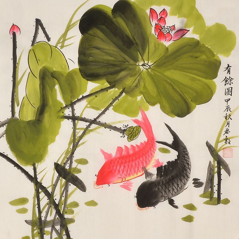 Hand-painted Chinese lotus and koi beneath broad leaves painting