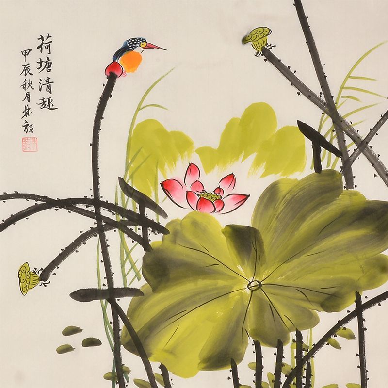 Hand-painted Chinese lotus and long-tailed bird painting