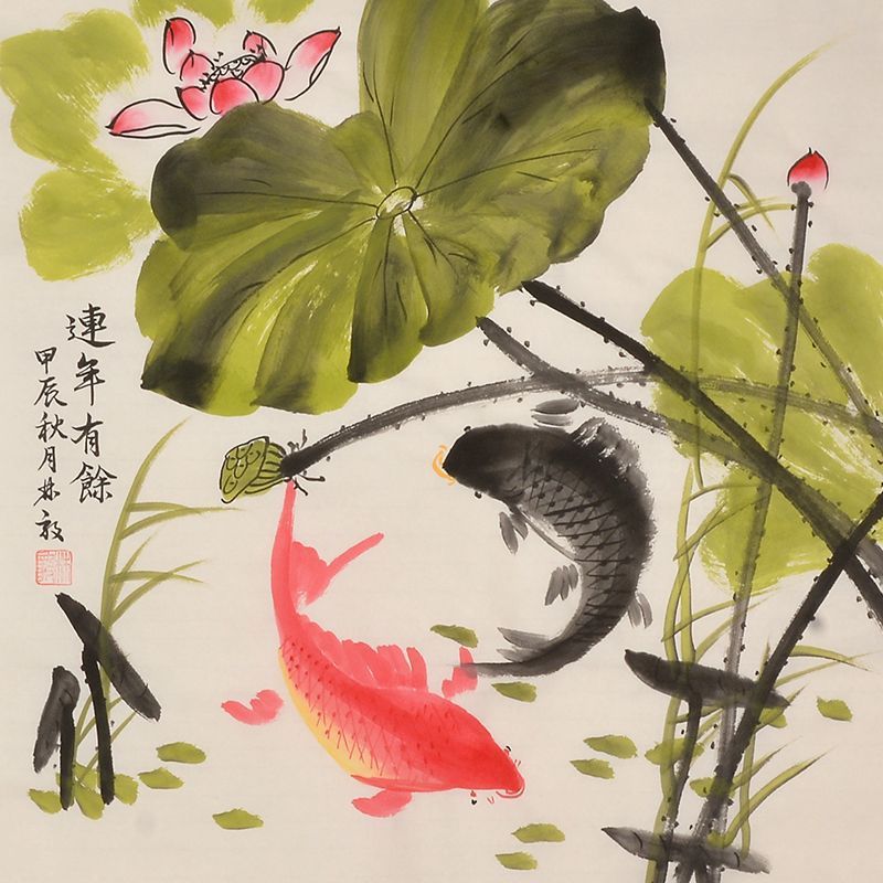 Hand-painted Chinese lotus pond with red and black koi painting A