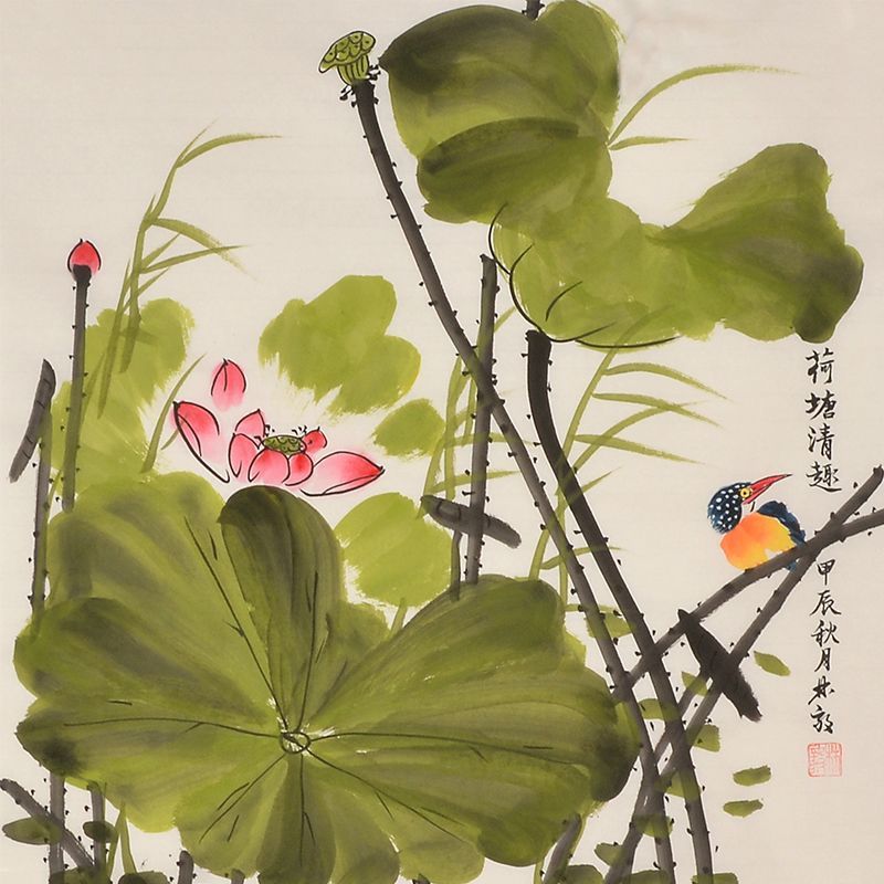 Hand-painted Chinese lotus reeds and kingfisher painting
