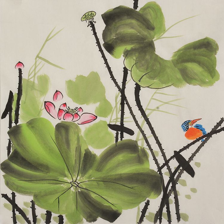 Hand-painted Chinese lotus seed pods and kingfisher painting
