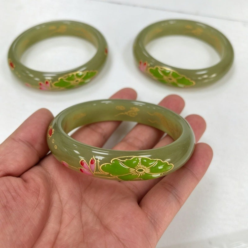 Hand-painted lotus floral stone bangle in tea green tone
