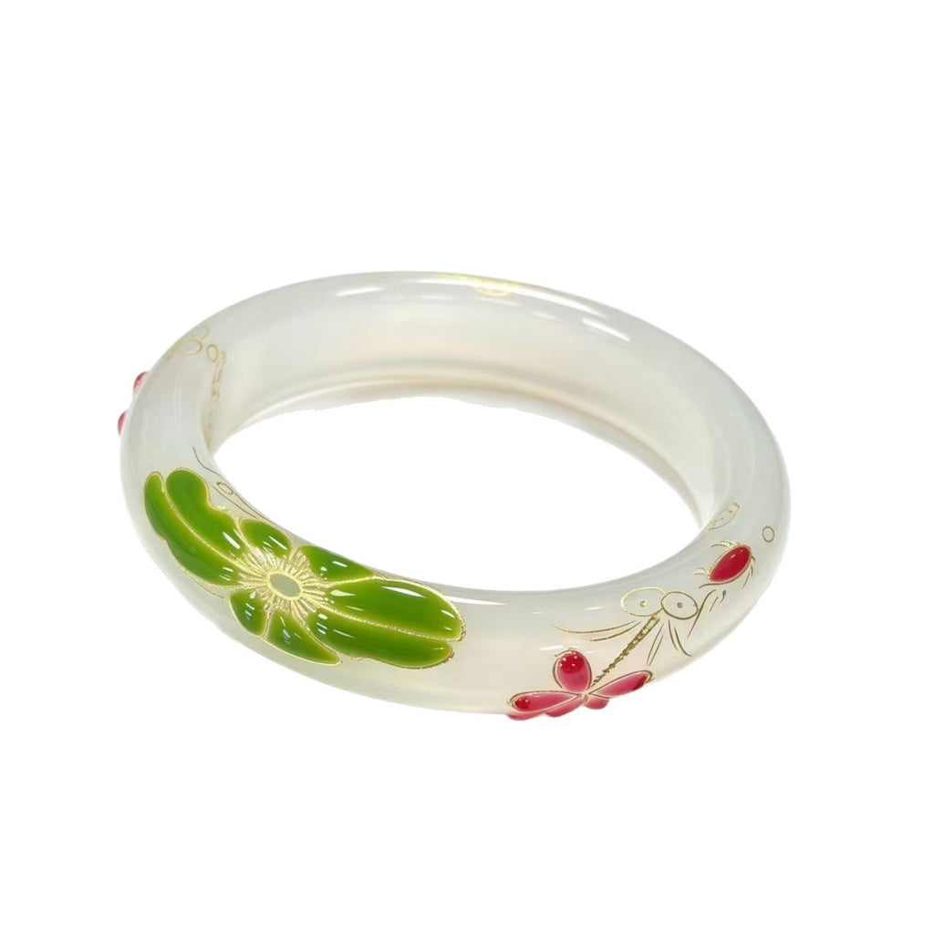 Certified decorative stone bangle with lotus enamel-style floral detail