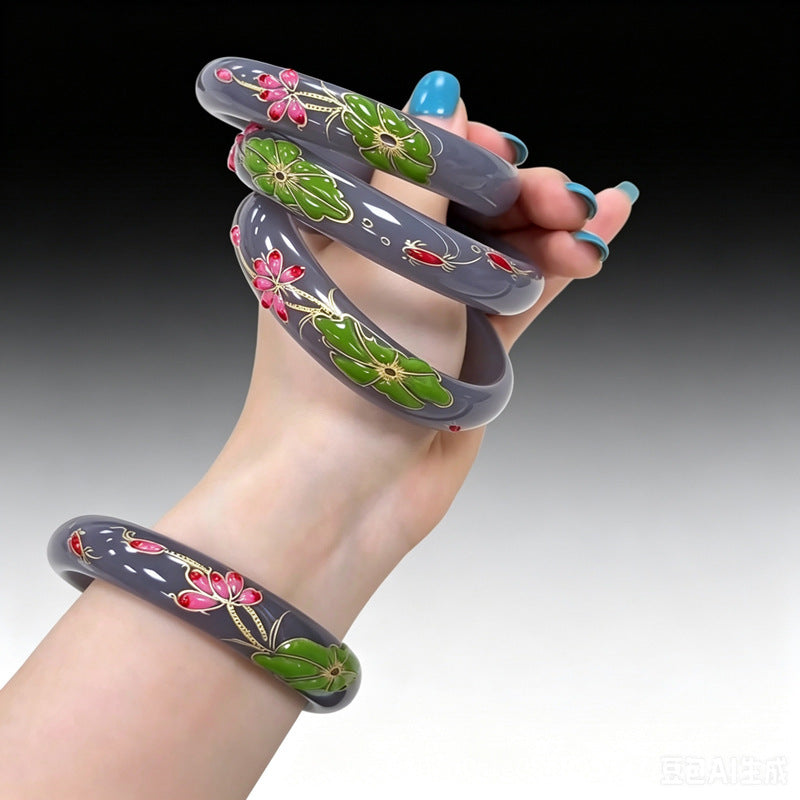 Smoky purple hand-painted lotus stone bangle product view