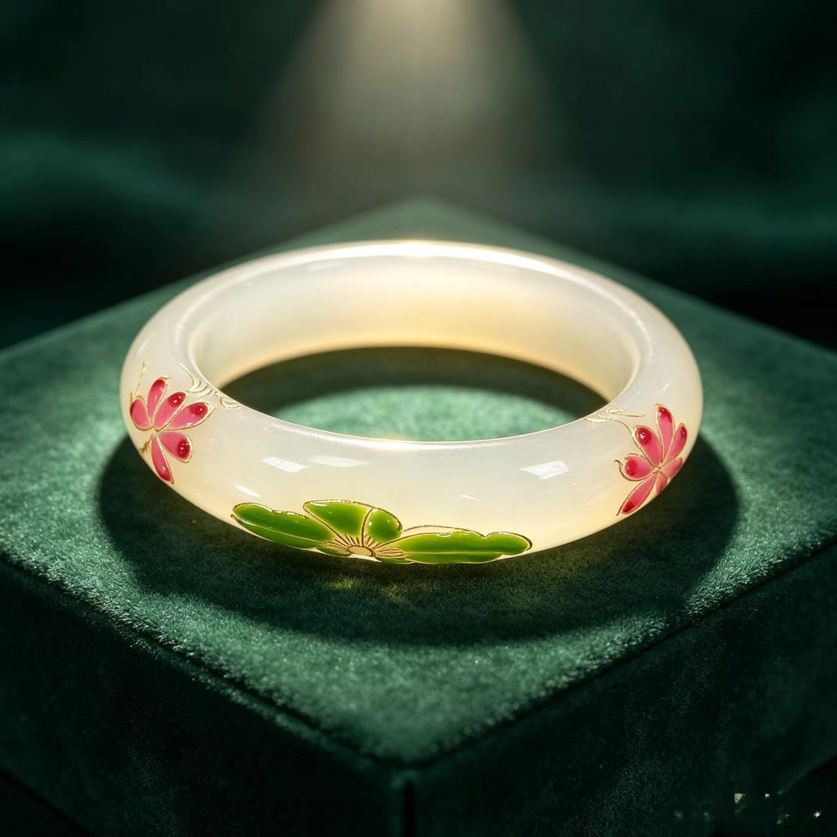 Clear water green floral stone bangle with hand-painted lotus design