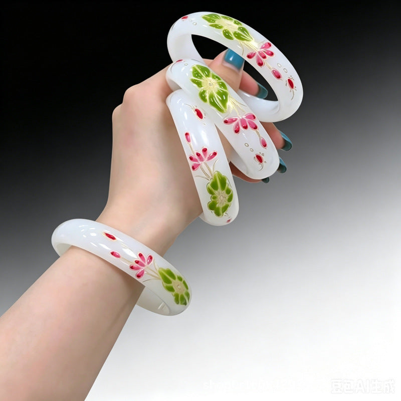 Spinach green hand-painted floral bangle in Chinese lotus style