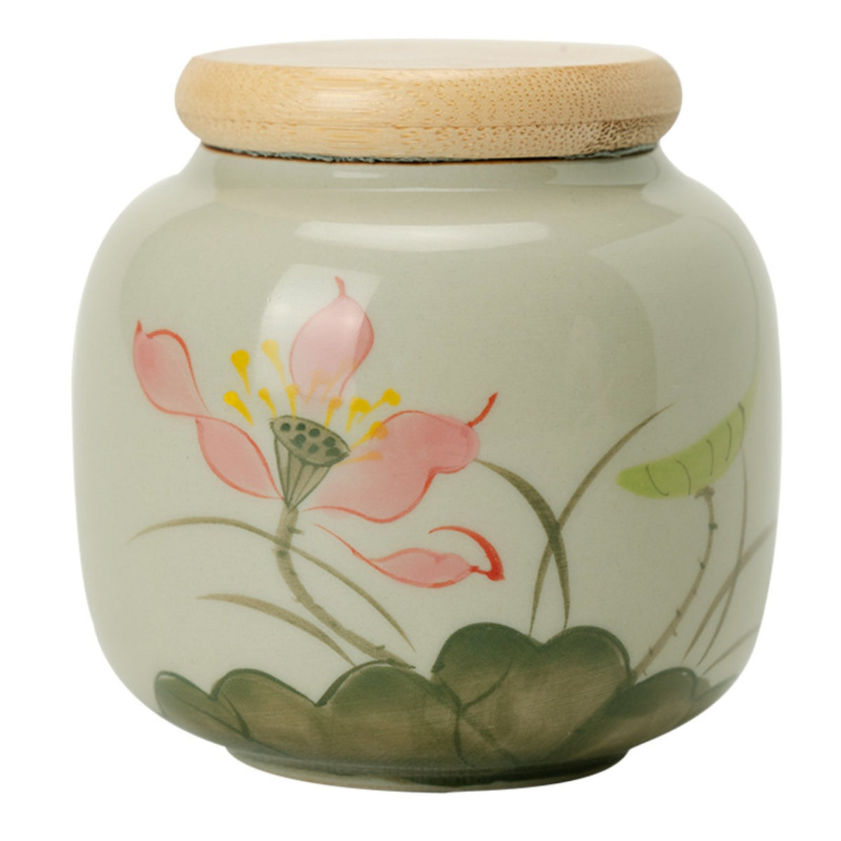 Hand-painted lotus ceramic tea caddy with bamboo lid, 260ml