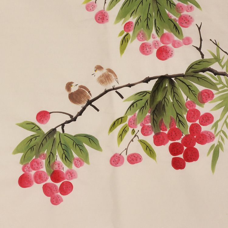 Hand-painted Chinese lychees and twin sparrows painting