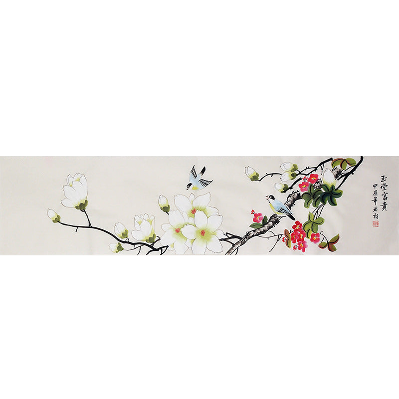Hand-painted Chinese white magnolia flowers and birds, horizontal flower-and-bird wall painting