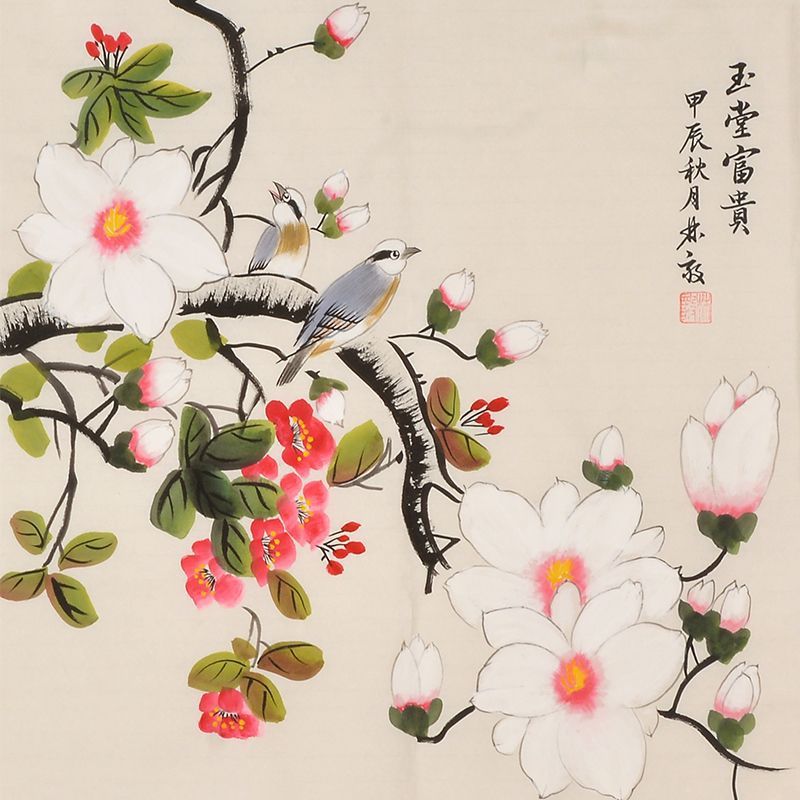 Hand-painted Chinese magnolia blossoms and birds painting