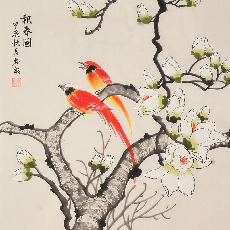 Hand-painted Chinese magnolia and colorful birds painting